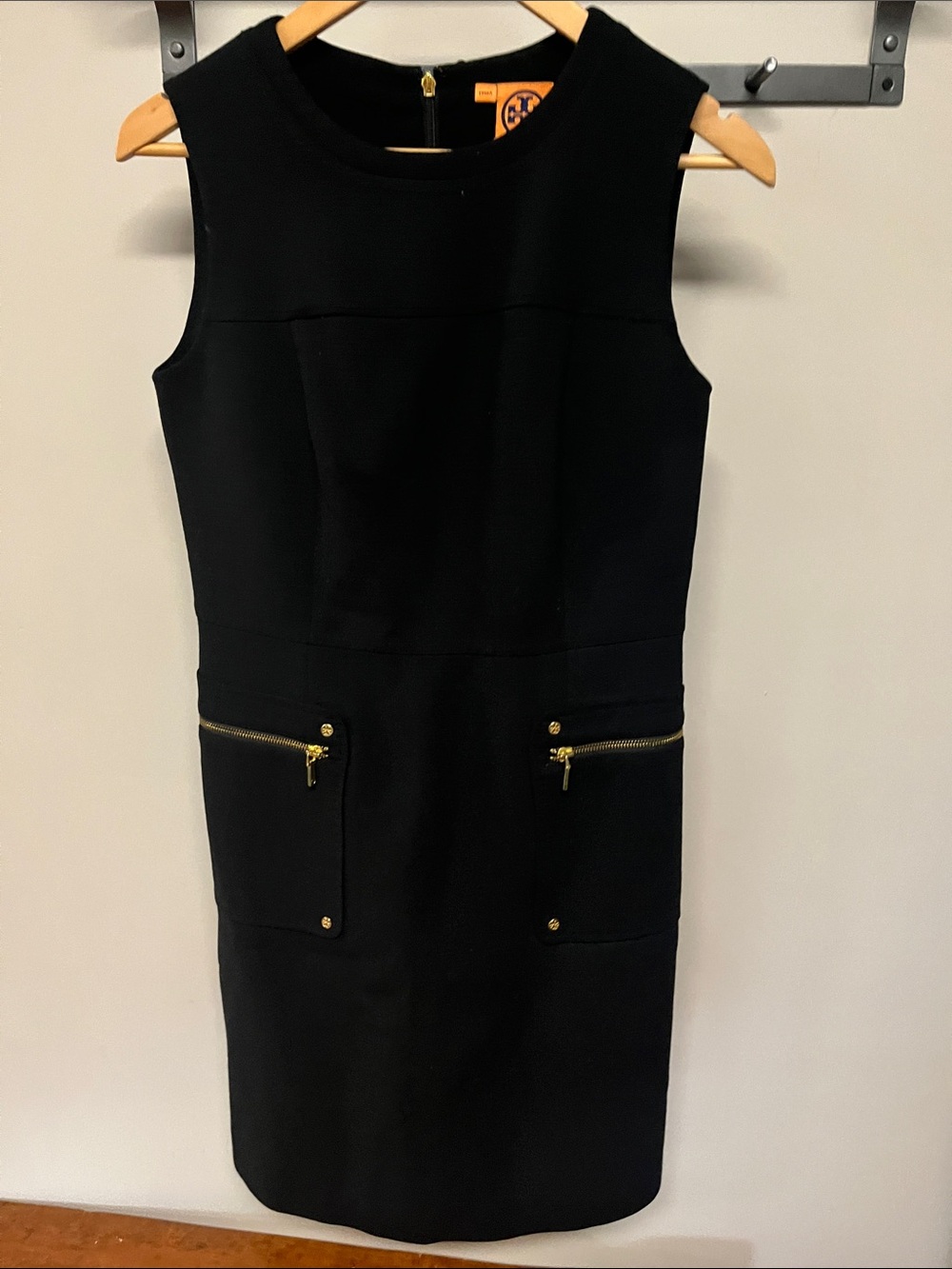 Tory Burch Black Sleeveless Sheath Dress with Gold Zipper Accents